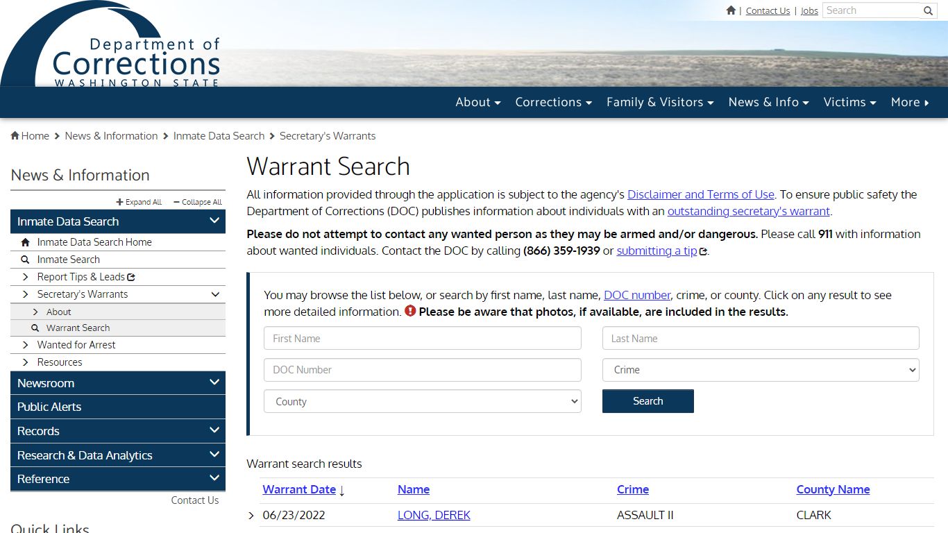 Warrant Search | Washington State Department of Corrections